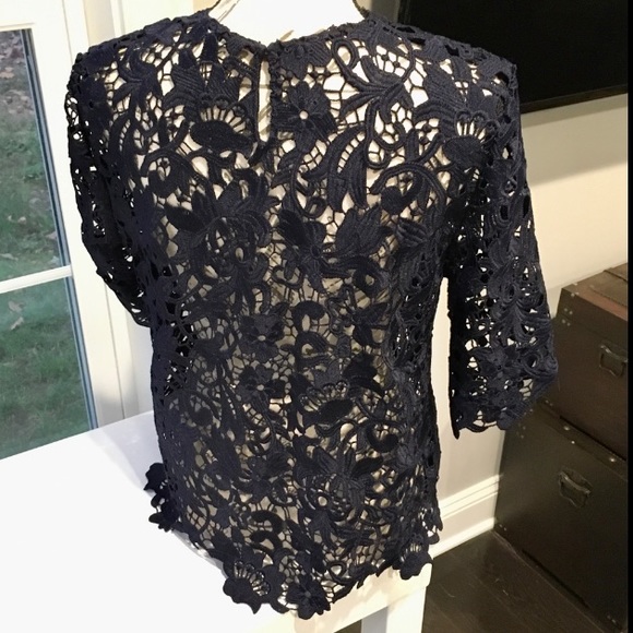 Floral Crochet Zara Blouse Navy Blue Three Quarter Sleeve - Picture 13 of 14